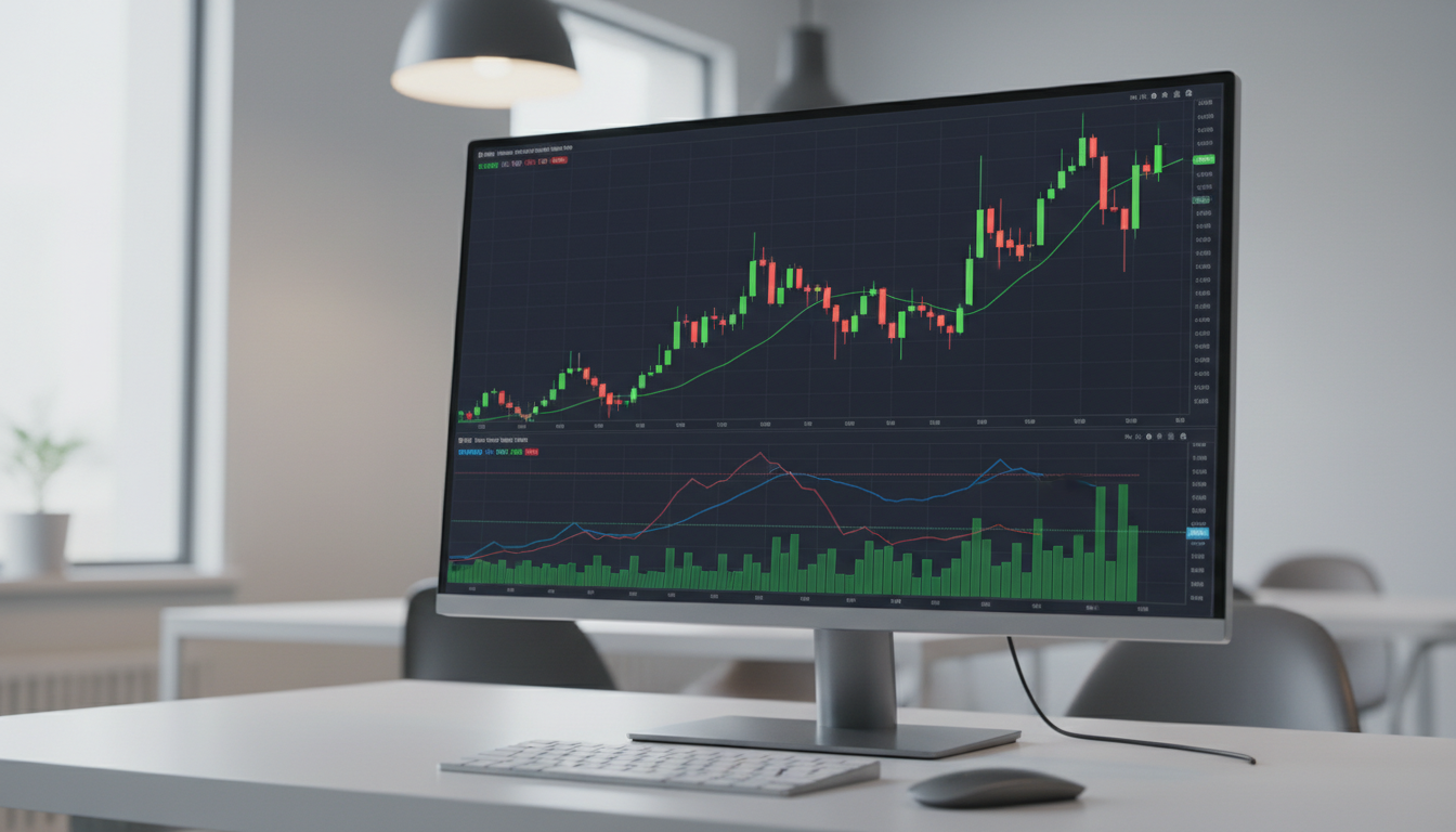 Экран компьютера с графиком цены и индикатором MACD