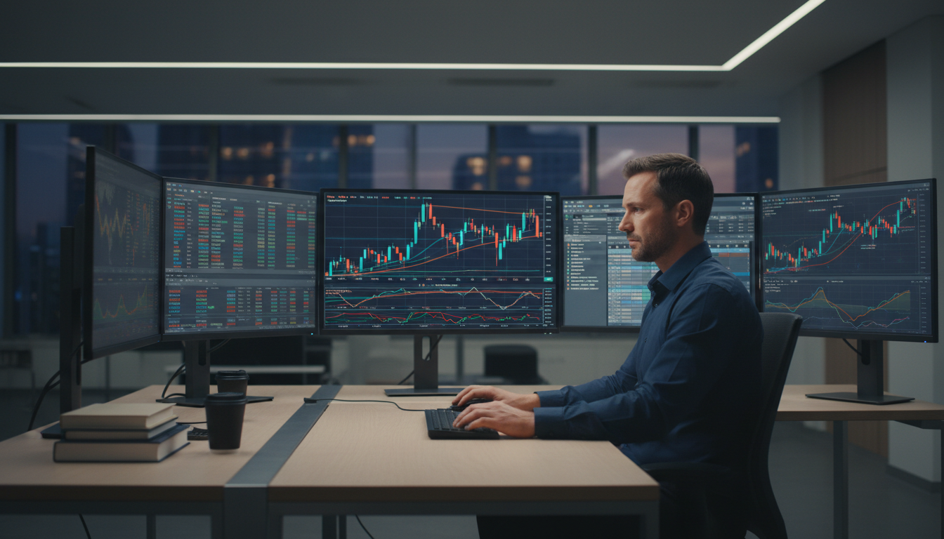 Финансовый аналитик за компьютером с графиками RSI и Стохастика